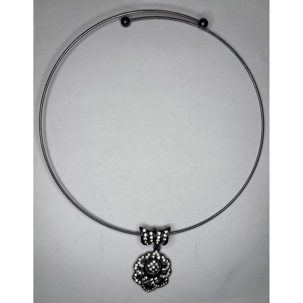 Whimsygoth Black Floral Rhinestone Pendant Metal Choker Necklace Gothic Boho